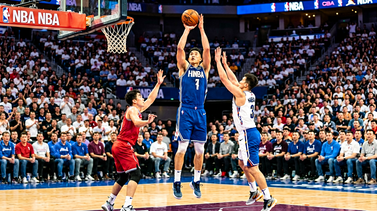 NBA篮球比赛现场，球员跳起投篮，对手防守封盖，观众席气氛热烈